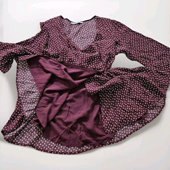 Abercrombie & Fitch Wrap Dress Women PL Wine Beige Mini Lined Ties Dainty Floral - Picture 11 of 16